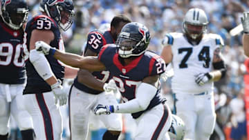 Sep 20, 2015; Charlotte, NC, USA; Houston Texans strong safety Quintin Demps (27) reacts after sacking Carolina Panthers quarterback Cam Newton (1) in the fourth quarter. The Panthers defeated the Texans 24-17 at Bank of America Stadium. Mandatory Credit: Bob Donnan-USA TODAY Sports