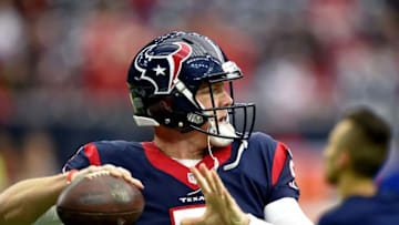 Jan 9, 2016; Houston, TX, USA; Houston Texans quarterback Brandon Weeden (5) throws a pass during warmups before a AFC Wild Card playoff football game between the Kansas City Chiefs and the Texans at NRG Stadium. Mandatory Credit: John David Mercer-USA TODAY Sports