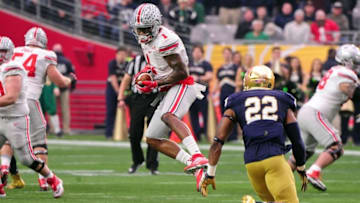 Jan 1, 2016; Glendale, AZ, USA; Ohio State Buckeyes wide receiver Braxton Miller (1) makes a catch as Ohio State Buckeyes cornerback Marshon Lattimore (2) defends during the first half in the 2016 Fiesta Bowl at University of Phoenix Stadium. Mandatory Credit: Matt Kartozian-USA TODAY Sports