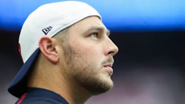 Sep 13, 2015; Houston, TX, USA; Houston Texans offensive tackle David Quessenberry (77) on the sideline during a game against the Kansas City Chiefs at NRG Stadium. Mandatory Credit: Troy Taormina-USA TODAY Sports