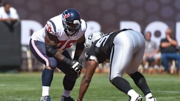September 14, 2014; Oakland, CA, USA; Houston Texans tackle Duane Brown (76) during the first quarter against the Oakland Raiders at O.co Coliseum. The Texans defeated the Raiders 30-14. Mandatory Credit: Kyle Terada-USA TODAY Sports