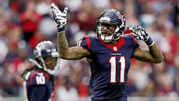 Jan 3, 2016; Houston, TX, USA; Houston Texans wide receiver Jaelen Strong (11) reacts after making a catch during the second half against the Jacksonville Jaguars at NRG Stadium. Mandatory Credit: Kevin Jairaj-USA TODAY Sports