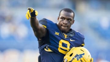 Sep 5, 2015; Morgantown, WV, USA; West Virginia Mountaineers safety KJ Dillon points to the crowd prior to their game against the Georgia Southern Eagles at Milan Puskar Stadium. Mandatory Credit: Ben Queen-USA TODAY Sports