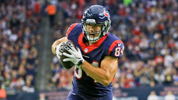 Nov 29, 2015; Houston, TX, USA; Houston Texans tight end Ryan Griffin (84) scores a touchdown against the New Orleans Saints during the first quarter of a game at NRG Stadium. Mandatory Credit: Derick E. Hingle-USA TODAY Sports