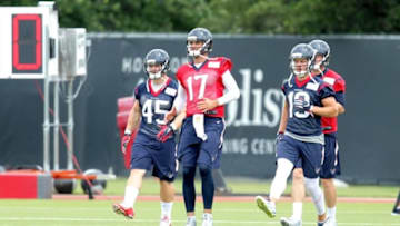 May 31, 2016; Houston, TX, USA. Houston Texans quarterback Brock Osweiler (17) stretches out during Houston Texans OTA practices at Methodist Training Center. Mandatory Credit: Erik Williams-USA TODAY Sports