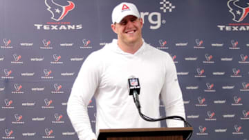 May 31, 2016; Houston, TX, USA. Houston Texans defensive end J.J. Watt (99) smiles as he answers questions from the media following Houston Texans OTA practices at NRG Stadium. Mandatory Credit: Erik Williams-USA TODAY Sports
