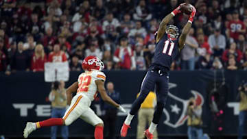 Jan 9, 2016; Houston, TX, USA; Houston Texans wide receiver Jaelen Strong (11) attempts to catch a pass defended by Kansas City Chiefs cornerback Marcus Peters (22) during an AFC Wild Card playoff football game at NRG Stadium. Kansas City defeated Houston 30-0. Mandatory Credit: Kirby Lee-USA TODAY Sports