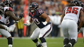 Aug 16, 2014; Houston, TX, USA; Houston Texans guard Xavier Su-a-Filo (70) against the Atlanta Falcons at NRG Stadium. Mandatory Credit: Kirby Lee-USA TODAY Sports