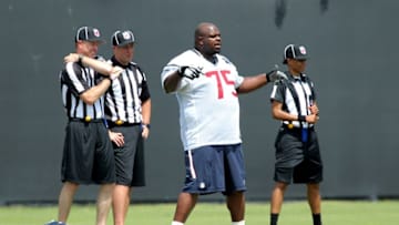Jun 14, 2016; Houston, TX, USA; Houston Texans nose tackle Vince Wilfork (75) stretches out during Houston Texans minicamp at Methodist Training Center in Houston, TX. Mandatory Credit: Erik Williams-USA TODAY Sports