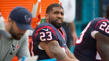 Oct 18, 2015; Jacksonville, FL, USA; Houston Texans running back Arian Foster (23) looks on during the second quarter against the Jacksonville Jaguars at EverBank Field. Mandatory Credit: Logan Bowles-USA TODAY Sports