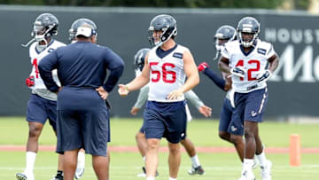 May 31, 2016; Houston, TX, USA. Houston Texans linebacker Brian Cushing (56) stretches out during Houston Texans