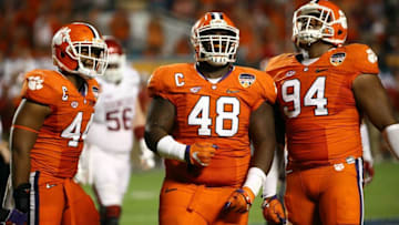 Dec 31, 2015; Miami Gardens, FL, USA; Clemson Tigers defensive tackle D.J. Reader (48) reacts during the third quarter of the 2015 CFP semifinal at the Orange Bowl against the Oklahoma Sooners at Sun Life Stadium. Mandatory Credit: Steve Mitchell-USA TODAY Sports