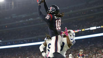 Oct 8, 2015; Houston, TX, USA; Houston Texans receiver DeAndre Hopkins (10) makes a catch against Indianapolis Colts safety Mike Adams (29) in the second quarter at NRG Stadium. Hopkins was ruled out of the end zone on the play. Mandatory Credit: Matthew Emmons-USA TODAY Sports