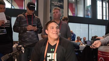 Feb 24, 2016; Indianapolis, IN, USA; Notre Dame Fighting Irish offensive lineman Nick Martin speaks to the media during the 2016 NFL Scouting Combine at Lucas Oil Stadium. Mandatory Credit: Trevor Ruszkowski-USA TODAY Sports