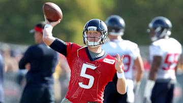 Aug 1, 2016; Houston, TX, USA; Houston Texans quarterback Brandon Weeden (5) drops back to pass downfield during Houston Texans training camp at Methodist Training Center. Mandatory Credit: Erik Williams-USA TODAY Sports