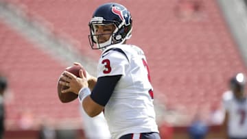Aug 14, 2016; Santa Clara, CA, USA; Houston Texans quarterback Tom Savage (3) prepares to throw a pass before the start of the game against the San Francisco 49ers at Levi