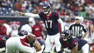 Aug 28, 2016; Houston, TX, USA; Houston Texans quarterback Brock Osweiler (17) calls a play at the line of scrimmage during the first quarter against the Arizona Cardinals at NRG Stadium. Mandatory Credit: Troy Taormina-USA TODAY Sports