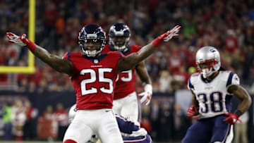 Dec 13, 2015; Houston, TX, USA; Houston Texans cornerback Kareem Jackson (25) reacts after breaking up a pass during the first half against the New England Patriots at NRG Stadium. Mandatory Credit: Kevin Jairaj-USA TODAY Sports