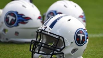 Jul 30, 2016; Nashville, TN, USA; General view of a Tennessee Titans helmet during training camp at Saint Thomas Sports Park. Mandatory Credit: Christopher Hanewinckel-USA TODAY Sports