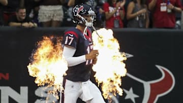 Aug 20, 2016; Houston, TX, USA; Houston Texans quarterback Brock Osweiler (17) runs onto the field before a game against the New Orleans Saints at NRG Stadium. Mandatory Credit: Troy Taormina-USA TODAY Sports
