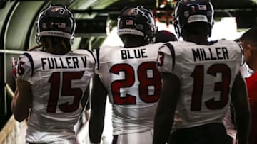 Sep 11, 2016; Houston, TX, USA; Houston Texans wide receiver Will Fuller (15) and running back Alfred Blue (28) and wide receiver Braxton Miller (13) prepare to walk onto the field before a game against the Chicago Bears at NRG Stadium. Mandatory Credit: Troy Taormina-USA TODAY Sports