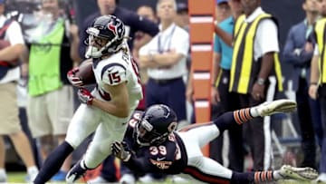 Sep 11, 2016; Houston, TX, USA; Houston Texans wide receiver Will Fuller (15) runs past Chicago Bears cornerback Jacoby Glenn (39) during the second half at NRG Stadium. Mandatory Credit: Kevin Jairaj-USA TODAY Sports