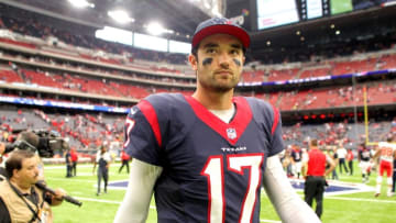 Sep 18, 2016; Houston, TX, USA; Houston Texans quarterback Brock Osweiler (17) leaves the field following Texans 19-12 victory over the Kansas City Chiefs at NRG Stadium. Mandatory Credit: Erik Williams-USA TODAY Sports
