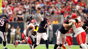 Sep 18, 2016; Houston, TX, USA; Houston Texans quarterback Brock Osweiler (17) passes downfield during the fourth quarter against the Kansas City Chiefs at NRG Stadium. Mandatory Credit: Erik Williams-USA TODAY Sports
