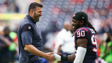 Sep 18, 2016; Houston, TX, USA; Houston Texans linebackers coach Mike Vrabel shakes hands with defensive end Jadeveon Clowney (90) before a game against the Kansas City Chiefs at NRG Stadium. Mandatory Credit: Troy Taormina-USA TODAY Sports