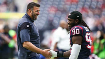 Sep 18, 2016; Houston, TX, USA; Houston Texans linebackers coach Mike Vrabel shakes hands with defensive end Jadeveon Clowney (90) before a game against the Kansas City Chiefs at NRG Stadium. Mandatory Credit: Troy Taormina-USA TODAY Sports