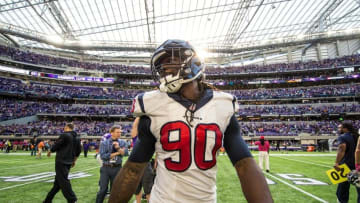 Oct 9, 2016; Minneapolis, MN, USA; Houston Texans linebacker Jadeveon Clowney (90) looks on following the game during the third quarter against the Minnesota Vikings at U.S. Bank Stadium. The Vikings defeated the Texans 31-13. Mandatory Credit: Brace Hemmelgarn-USA TODAY Sports