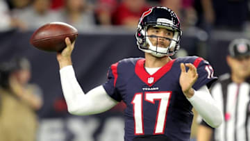 Oct 16, 2016; Houston, TX, USA; Houston Texans quarterback Brock Osweiler (17) reaches back to pass downfield against the Indianapolis Colts at NRG Stadium. Mandatory Credit: Erik Williams-USA TODAY Sports