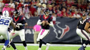 Oct 16, 2016; Houston, TX, USA; Houston Texans quarterback Brock Osweiler (17) looks to pass while in the pocket against the Indianapolis Colts during the first quarter at NRG Stadium. Mandatory Credit: Erik Williams-USA TODAY Sports