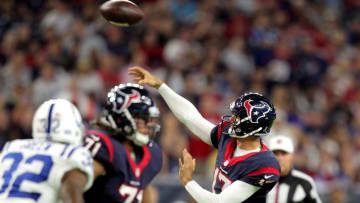 Oct 16, 2016; Houston, TX, USA; Houston Texans quarterback Brock Osweiler (17) passes towards the end zone against the Indianapolis Colts during the second quarter at NRG Stadium. Mandatory Credit: Erik Williams-USA TODAY Sports