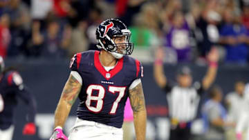 Oct 16, 2016; Houston, TX, USA; Houston Texans tight end C.J. Fiedorowicz (87) celebrates his game-tying touchdown score against the Indianapolis Colts during the fourth quarter at NRG Stadium. Mandatory Credit: Erik Williams-USA TODAY Sports