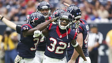 Oct 30, 2016; Houston, TX, USA; Houston Texans defensive back Robert Nelson (32) celebrates after a defensive play during the third quarter against the Detroit Lions at NRG Stadium. Mandatory Credit: Troy Taormina-USA TODAY Sports