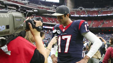 Oct 30, 2016; Houston, TX, USA; Houston Texans quarterback Brock Osweiler (17) talks with the media after a game Detroit Lions at NRG Stadium. Mandatory Credit: Troy Taormina-USA TODAY Sports