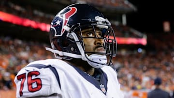 Oct 24, 2016; Denver, CO, USA; Houston Texans tackle Duane Brown (76) in the second quarter against the Denver Broncos at Sports Authority Field at Mile High. Mandatory Credit: Isaiah J. Downing-USA TODAY Sports