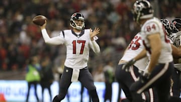 Nov 21, 2016; Mexico City, MEX; Houston Texans quarterback Brock Osweiler (17) passes against the Oakland Raiders at Estadio Azteca. Mandatory Credit: Erich Schlegel-USA TODAY Sports