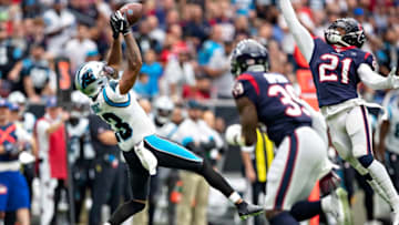 HOUSTON, TX - SEPTEMBER 29: Jarius Wright #13 of the Carolina Panthers catches a pass over Bradley Roby #21 of the Houston Texans at NRG Stadium on September 29, 2019 in Houston, Texas. (Photo by Wesley Hitt/Getty Images)