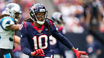 HOUSTON, TX - SEPTEMBER 29: DeAndre Hopkins #10 of the Houston Texans runs after being called down during a game against the Carolina Panthers at NRG Stadium on September 29, 2019 in Houston, Texas. The Panthers defeated the Texans 16-10. (Photo by Wesley Hitt/Getty Images)