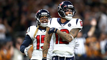 NEW ORLEANS, LOUISIANA - SEPTEMBER 09: Kenny Stills #12 of the Houston Texans celebrates with Will Fuller #15 of the Houston Texans after scoring a touchdwon pass against the New Orleans Saints during a NFL game at the Mercedes Benz Superdome on September 09, 2019 in New Orleans, Louisiana. (Photo by Sean Gardner/Getty Images)