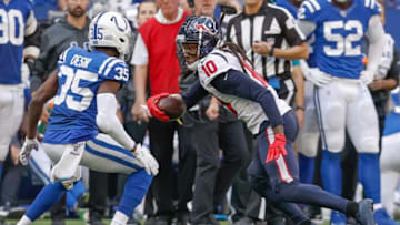 INDIANAPOLIS, IN - OCTOBER 20: DeAndre Hopkins #10 of the Houston Texans runs the ball after a reception as Pierre Desir #35 of the Indianapolis Colts pursues during the second half at Lucas Oil Stadium on October 20, 2019 in Indianapolis, Indiana. (Photo by Michael Hickey/Getty Images)
