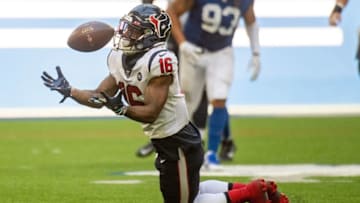 INDIANAPOLIS, IN - OCTOBER 20: Keke Coutee #16 of the Houston Texans bobbles a pass in the fourth quarter of the game against the Indianapolis Colts at Lucas Oil Stadium on October 20, 2019 in Indianapolis, Indiana. (Photo by Bobby Ellis/Getty Images)
