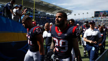CARSON, CALIFORNIA - SEPTEMBER 22: Cornerback Phillip Gaines #29 of the Houston Texans leaves the field for halftime against the Los Angeles Chargers at Dignity Health Sports Park on September 22, 2019 in Carson, California. (Photo by Meg Oliphant/Getty Images)