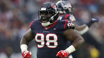 HOUSTON, TEXAS - SEPTEMBER 29: D.J. Reader #98 of the Houston Texans celebrates after a defensive stop against the Carolina Panthers during the first half at NRG Stadium on September 29, 2019 in Houston, Texas. (Photo by Bob Levey/Getty Images)