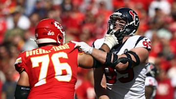 Laurent Duvernay-Tardif Kansas City Chiefs battles J.J. Watt Houston Texans (Photo by Jamie Squire/Getty Images)