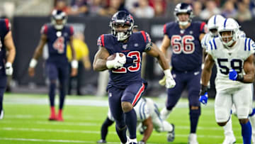 HOUSTON, TX - NOVEMBER 21: Carlos Hyde #23 of the Houston Texans runs the ball in the second half of a game against the Indianapolis Colts at NRG Stadium on November 21, 2019 in Houston, Texas. The Texans defeated the Colts 20-17. (Photo by Wesley Hitt/Getty Images)