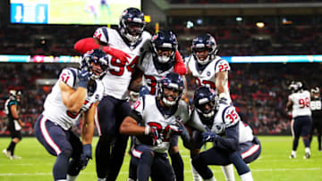 LONDON, ENGLAND - NOVEMBER 03: Justin Reid #20 of the Houston Texans celebrates with teammates after making an interception during the NFL match between the Houston Texans and Jacksonville Jaguars at Wembley Stadium on November 03, 2019 in London, England. (Photo by Jack Thomas/Getty Images)