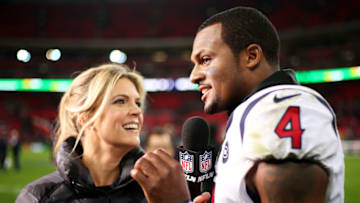 LONDON, ENGLAND - NOVEMBER 03: Deshaun Watson #4 of the Houston Texans is interviewed following the NFL match between the Houston Texans and Jacksonville Jaguars at Wembley Stadium on November 03, 2019 in London, England. (Photo by Jack Thomas/Getty Images)